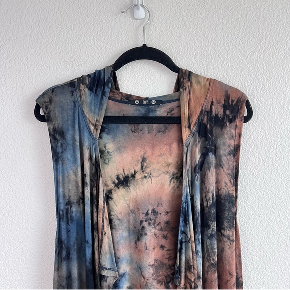 Coin 1804 Draped Cardigan Duster Vest Womens Medium Blue Brown Tie Dye Hoodie - Picture 2 of 13